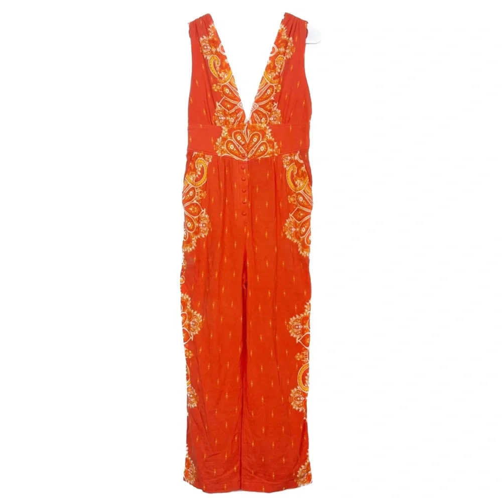 Free People’s Setting Sun Printed Orange Cropped Jumpsuit NWOT - Picture 8 of 12